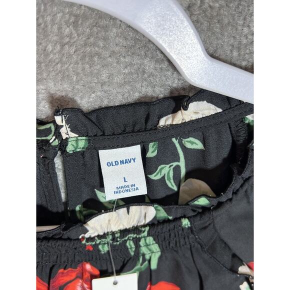 Old Navy Top Womens Size Large Black Floral Swing Bell Sleeve Semi Sheer Ruffle - Picture 3 of 8
